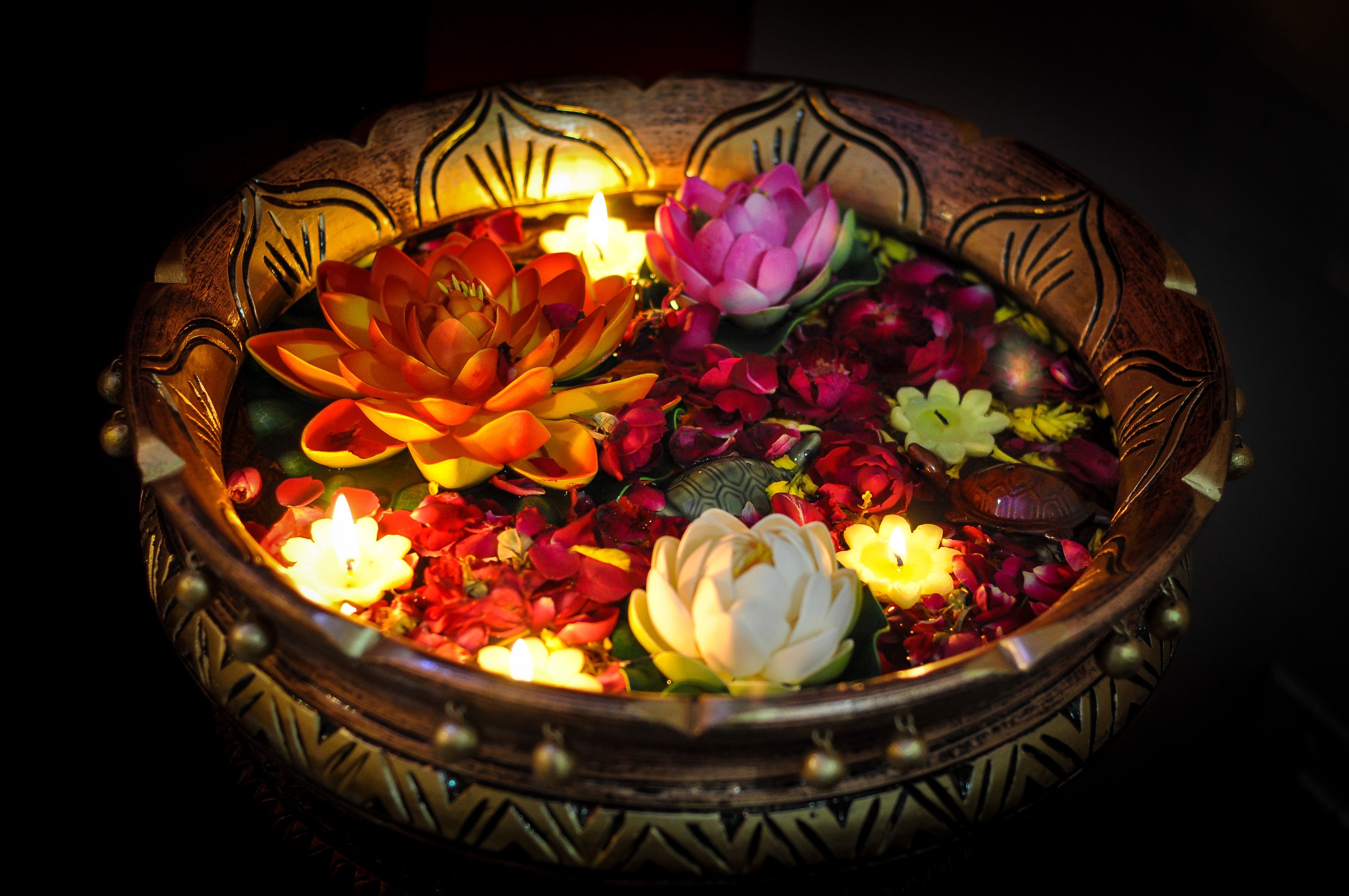 Praznovanje Diwalija s prižgano plavajočo svečo in rožo v skledi, Indija.