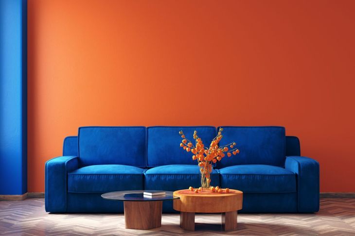 Класическите сини мебели изскачат на оранжева стена.