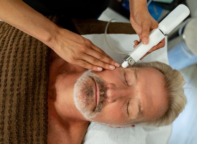 Мъж в СПА центъра на лазерна терапия за лице