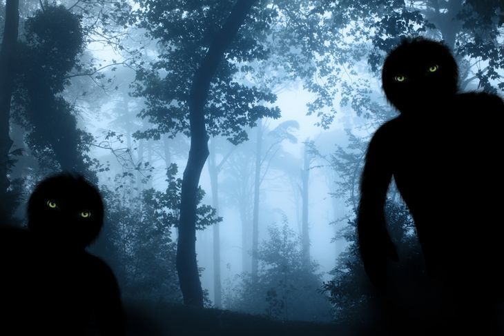 Две чудовища със зелени очи в мъглив горски пейзаж
