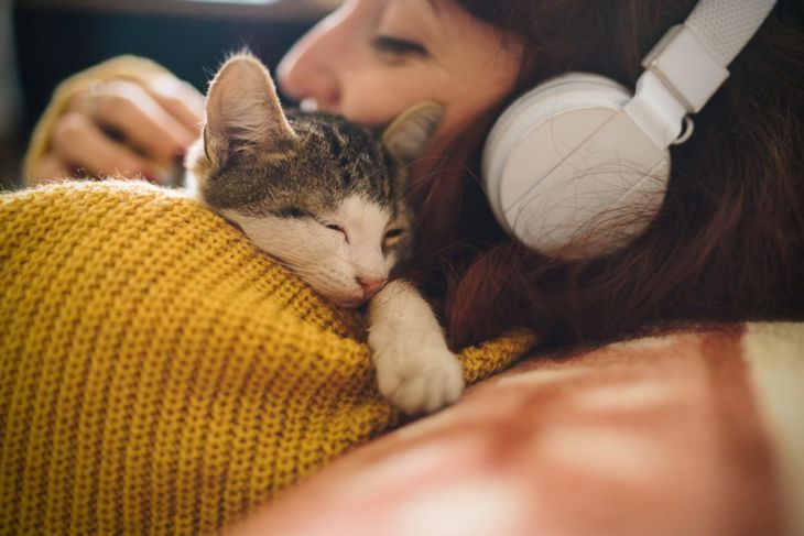 ヘッドフォンでソファに座っている女性と寄り添う猫。