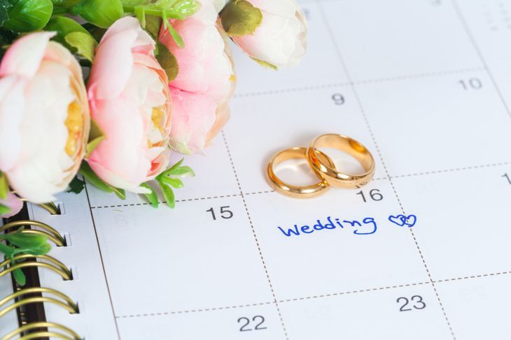 сватбен ден, отбелязан в календар със златни пръстени